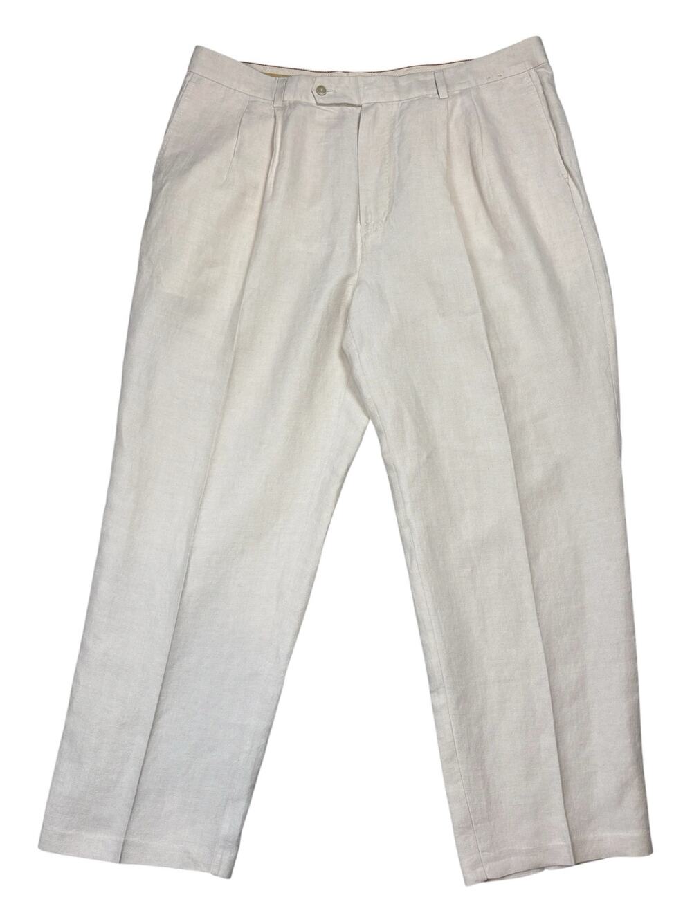Tommy Bahama Linen Silk Pleated Pants Men's 40x30 Cream Unlined Preppy Summer
